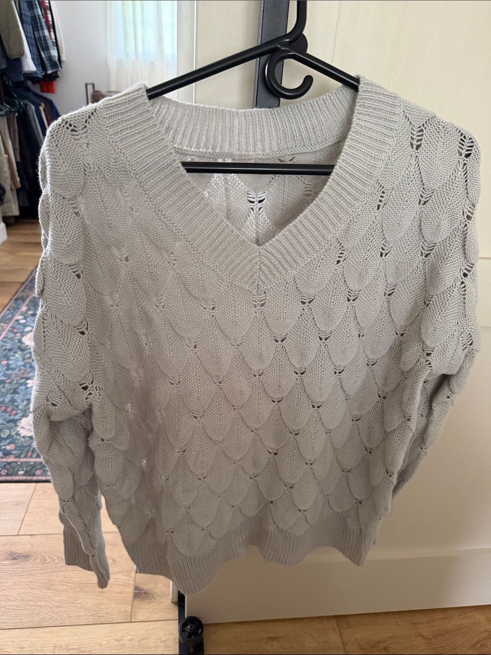Light Gray V-Neck Knit Sweater — Classic Scallop Stitch